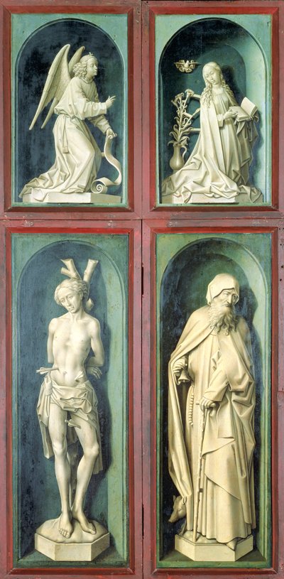 La Anunciación, San Sebastián, San Antonio el Grande y los dos Donantes, paneles del reverso del Juicio Final, c.1445-50 de Rogier van der Weyden