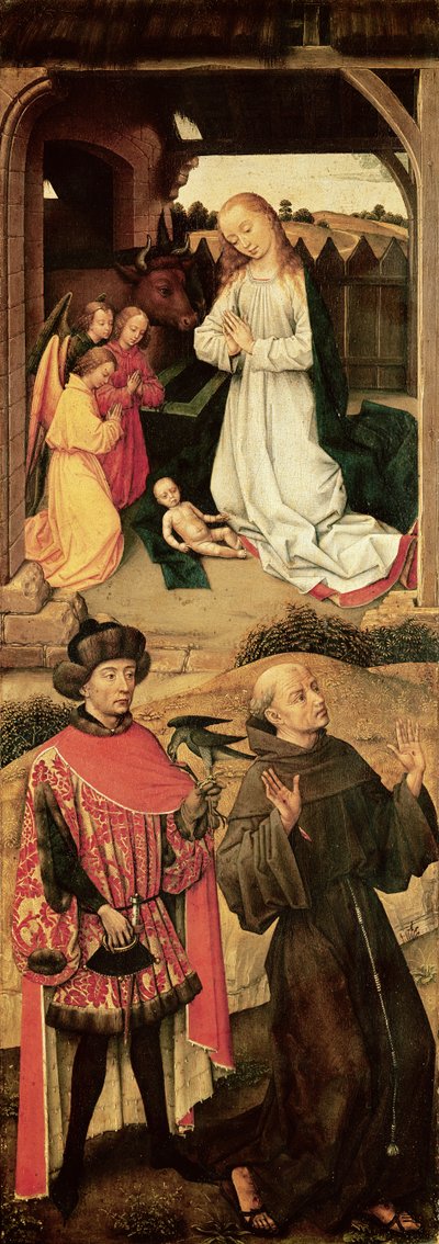 Tríptico del Calvario (panel izquierdo, la Natividad en la sección superior, San Francisco de Asís y posiblemente San Julián el Hospitalario en la sección inferior) de Rogier van der Weyden