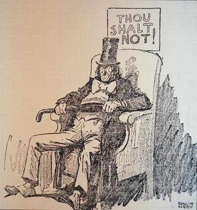 Thou Shalt Not", viñeta que condena el consumo de alcohol durante la Ley Seca estadounidense (1920-33) (litografía) de Rollin Kirby
