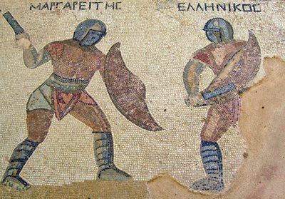Una pelea entre dos gladiadores, Casa de los Gladiadores, Kourion, Chipre (mosaico) de Roman