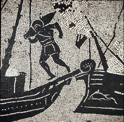 Un barco de Cagliari regresando al puerto de Ostia (mosaico) de Roman