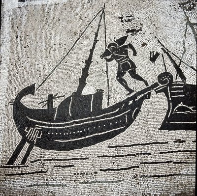 Un barco de Cagliari regresando al puerto de Ostia (mosaico) de Roman