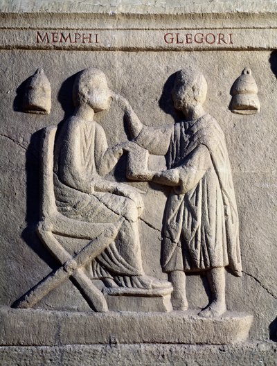 Un oftalmólogo examina los ojos de su paciente (bajo relieve, siglo II) de Roman
