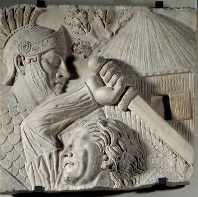 Arte de la antigua Roma: Bárbaro luchando contra un legionario romano. Bajo relieve, principios del siglo II d.C. Roma, Foro de Trajano. París, Museo del Louvre de Roman