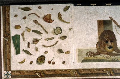 “Asarotos” (Suelo sin barrer) Fragmentos de mosaico firmado por Harakliton de Roma, siglo II d.C., Roma de Roman
