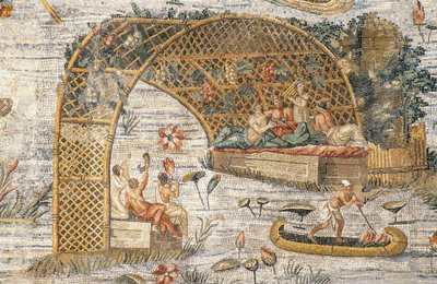 Banquete bajo pérgola, detalle del mosaico nilótico de la inundación del río Nilo en Egipto, del Santuario de Fortuna Primigenia en Palestrina, Lacio, Italia, civilización romana de Roman