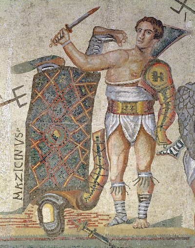Batalla entre gladiadores, detalle de un gladiador victorioso, 320 d.C. (mosaico) de Roman