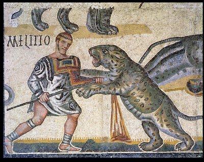 Batalla de gladiadores contra los felinos, detalle (320 d.C.) de Roman
