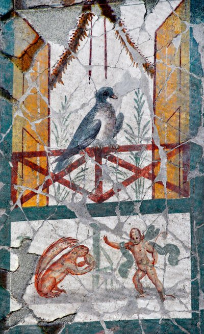 Debajo de un pájaro en un balcón, un Amor enfrenta a una ardilla. Finales del siglo I de Roman