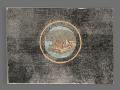 Fragmento de Fresco con Fondo Negro con Paisaje en Tondo, 50-79 D.C. de Roman