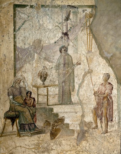 Casandra profetiza la caída de Troya, su padre Príamo, sentado a la izquierda, su hermano Paris, sosteniendo la manzana de la Discordia y un guerrero apoya su lanza (probablemente Héctor) - Fresco de Roman