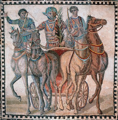 Carrera de carros, conductores en posición de salida - Mosaico, siglo III de Roman