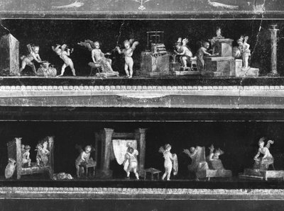 Querubines Haciendo Dinero y Tejiendo Tela, Friso del Oecus de la Casa de los Vettii, c.50-79 d.C. de Roman
