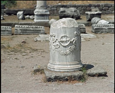 Columna decorada con el símbolo del dios Asclepio. Santuario de Asclepio (283 a 133 a.C.) de Roman