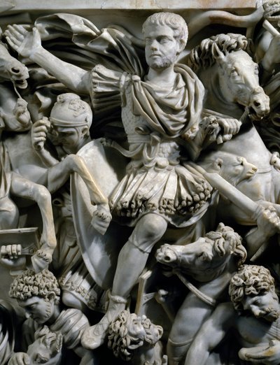 Retrato ecuestre de Hostiliano, hijo del emperador Decio, junto con sus guardias a caballo, (detalle) de Roman