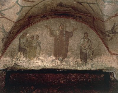 Figura de una joven con la cabeza velada rezando con los brazos extendidos, Via Salaria de Roman