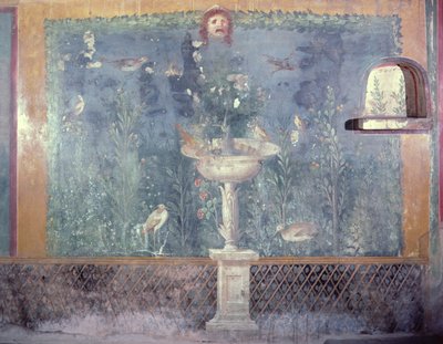 Fuente, máscara y pájaros, Casa de Venus en la concha, Pompeya, Italia de Roman