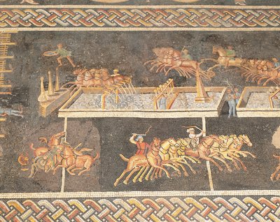 Francia, Lyon, Obra en mosaico que representa los juegos del circo, Carrera de cuadrigas de Roman