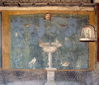 Fresco con fuente, máscara y pájaros, Casa de Venus en la Concha, Pompeya (Lista del Patrimonio Mundial de la Unesco) de Roman