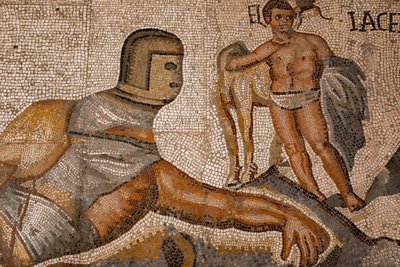 Batallas de gladiadores. 320-330, mosaico de Roman