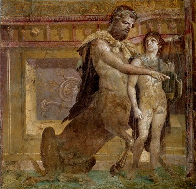 Mitología griega: el centauro Quirón y Aquiles niño. Fresco de la Basílica de Herculano (Basilica di Ercolano). Arte romano Nápoles, Museo Arqueológico Nacional de Roman