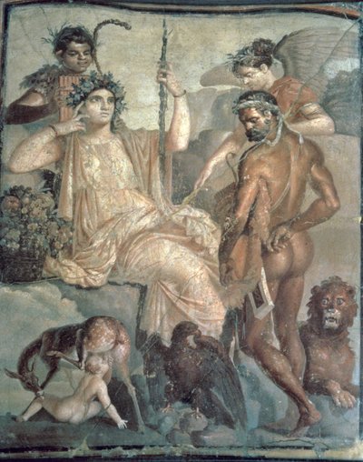 Hércules descubriendo a Télefo, c.70 d.C., romano, extraído de la "basílica" de Herculano (pintura mural) de Roman