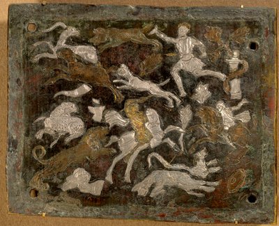 Placa incrustada: escenas de caza en bronce con incrustaciones de plata y cobre hechas entre 350-400 d.C., antigua Roma. del Imperio Romano. París, Museo del Louvre de Roman