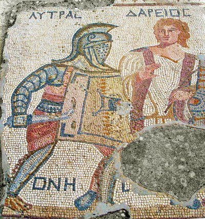 Lytras siendo separado de su oponente por Darios, Casa de los Gladiadores, Kourion, Chipre de Roman