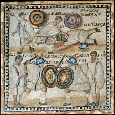 Mosaico que representa la lucha entre dos equites llamados Simmachius y Maternus, romano, siglo III d.C. de Roman