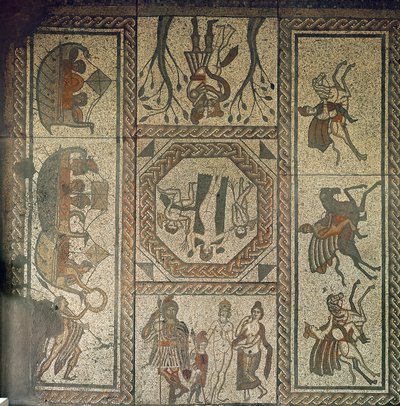 Pavimento de mosaico de la villa romana en Low Ham, que ilustra la historia de Dido y Eneas de la Eneida de Virgilio, c.350 AD de Roman