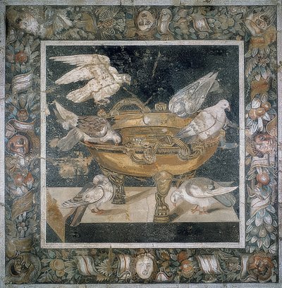 Mosaico de Pompeya con un grupo de palomas en el borde de un labrum. Siglo III a.C. de Roman