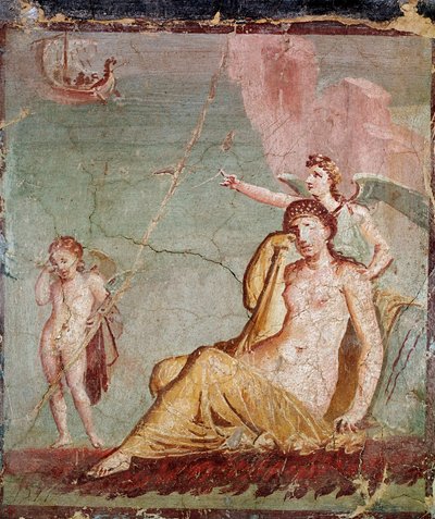 Némesis, diosa de la venganza, muestra el barco de Teseo, quien acaba de abandonar a Ariadna de Roman