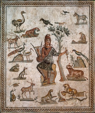 Orfeo rodeado de animales, siglo II de Roman