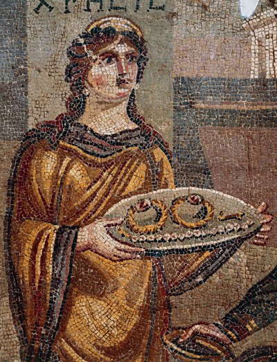 Prisionera Crises entregando las llaves de su rescate a su captor Agamenón, (detalle) del Mosaico de Crises descubierto en Daphne, Antioquía, Turquía de Roman