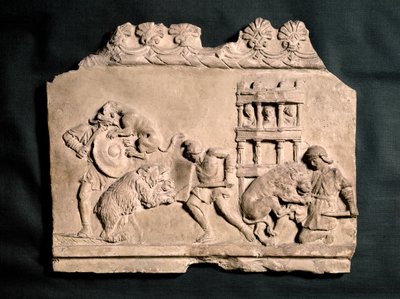 ARTE ROMANO: Bajo relieve en terracota que muestra a tres gladiadores luchando ... de Roman