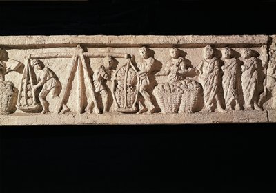 Relieve que representa el apilamiento de panes en cestas y su pesaje, de la tumba de Euryaces el Panadero, Porta Maggiore, Roma, ca. 50-20 a.C. de Roman