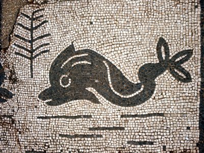 Representación de un delfín después de un mosaico en la plaza de las Corporaciones de Ostia antica de Roman