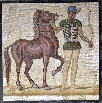 Representación de las cuatro facciones del circo romano: los Verdes (factio prasina). Las facciones eran clubes que participaban en competiciones circenses en el Alto Imperio (siglo I d.C.) y se caracterizaban por un color. Mosaico, Roma Museo nazionale Ro de Roman