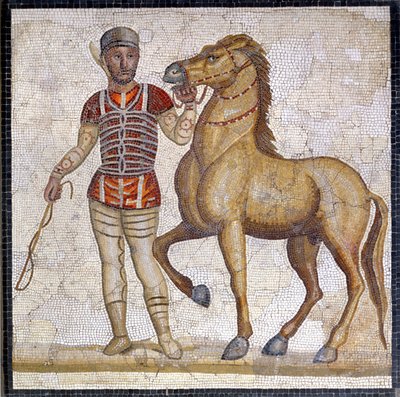 Representación de las cuatro facciones del circo romano: la roja (factio russata). Las facciones eran clubes dedicados a competiciones circenses en el Alto Imperio (siglo I d.C.) y se caracterizaban por un color. Mosaico, Roma, Museo Nacional Romano. de Roman