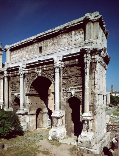 Arte romano: Arco de Triunfo del emperador romano Septimio Severo (Lucius Septimius Severus) (146-211) realizado en 203 d.C., Foro Romano, Roma de Roman