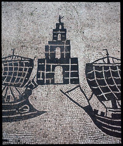Arte romano: "Faro y barcos" Mosaico de la Corporación de gente de mar, Plaza de las Corporaciones de Roman