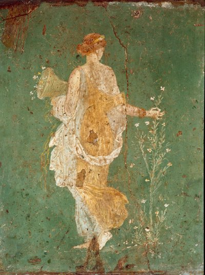 Arte Romano: Primavera, Flora recogiendo flores. Fresco de la villa de Varano en Stabiae, cerca de Pompeya. 15 a.C.-60 d.C. Museo Archeologico Nazionale, Nápoles - Arte romano: Primavera, Flora recogiendo flores. Fresco de la villa de Varano en Stabiae de Roman