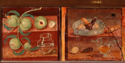 Arte Romano: "Bodegón de melocotones y frutas secas" Fresco romano de Pompeya. Siglo I a.C.-siglo I d.C. Conservado en el Museo Arqueológico Nacional de Nápoles. Italia de Roman