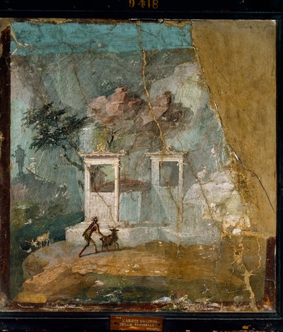 Arte romano: El carnero perdido, idilio pastoral. Fresco romano del sitio de Pompeya después de un original griego (siglo II a.C.). 1er siglo d.C. Nápoles, Museo Arqueológico Nacional de Roman