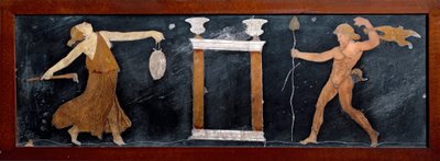 Arte romano: “La danza de una ménade y un sátiro cerca de un pequeño templo”. Marquetería de Pompeya. Dim. 23x67 cm Museo Arqueológico Nacional, Nápoles de Roman