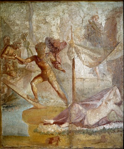 Arte romano: Teseo abandona a Ariadna. Fresco romano del sitio de Pompeya. Siglo I d.C. Nápoles, Museo Arqueológico Nacional de Roman