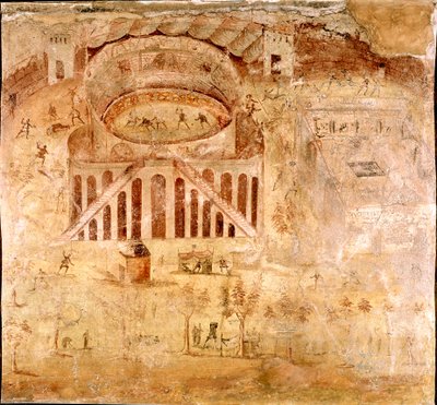 Arte romano: lucha violenta entre los habitantes de Nocera y los pompeianos en el anfiteatro de Pompeya en 59 d.C. (detalle) de Roman