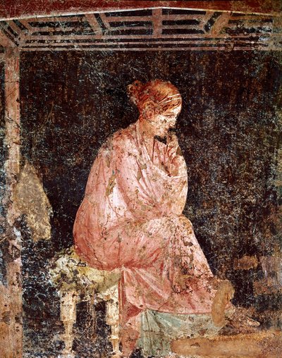 Arte romano: joven mujer sentada. Fresco romano del tercer estilo pompeyano de Pompeya (40-60 d.C.) de Roman