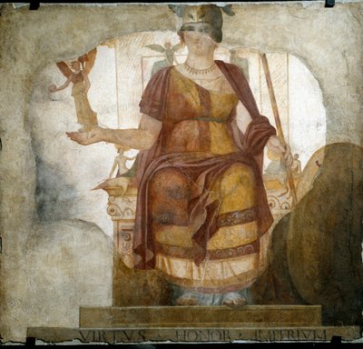 Arte Romano: la Diosa Venus sentada personificando a Roma llamada Diosa Barberini. Fresco del siglo IV d.C. Del Baptisterio de San Juan de Letrán en Roma. Roma, Museo Nazionale Romano (o delle Terme) de Roman