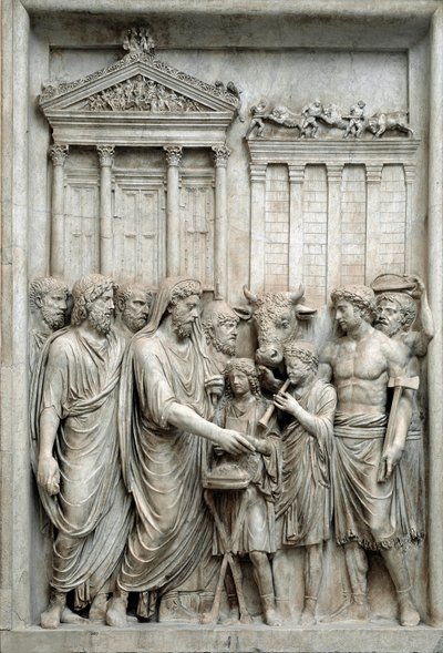 El emperador romano Marco Aurelio sacrificando ante el Templo de Júpiter, Roma, c.161-180 (relieve de mármol) de Roman